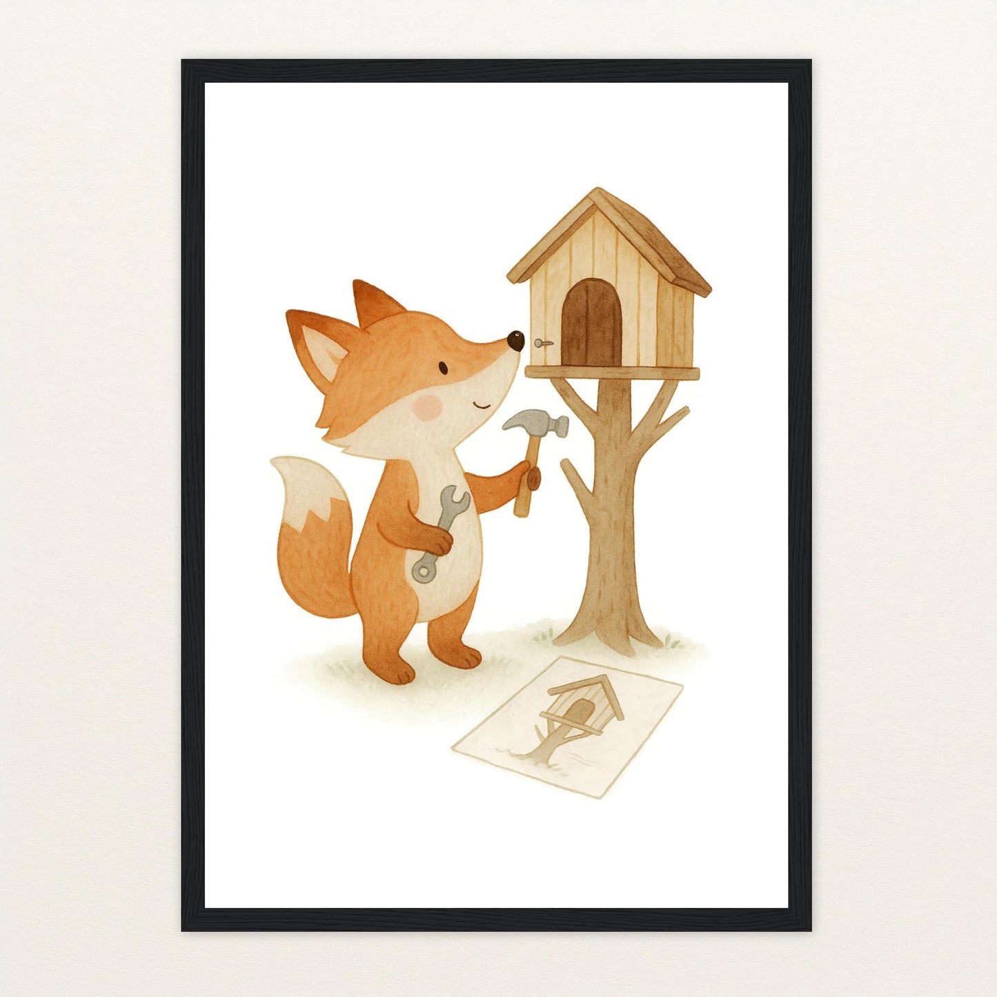 Finnegan der Fuchs - Motiv: "Baumhaus" Poster mit Holzrahmen von tinylearner