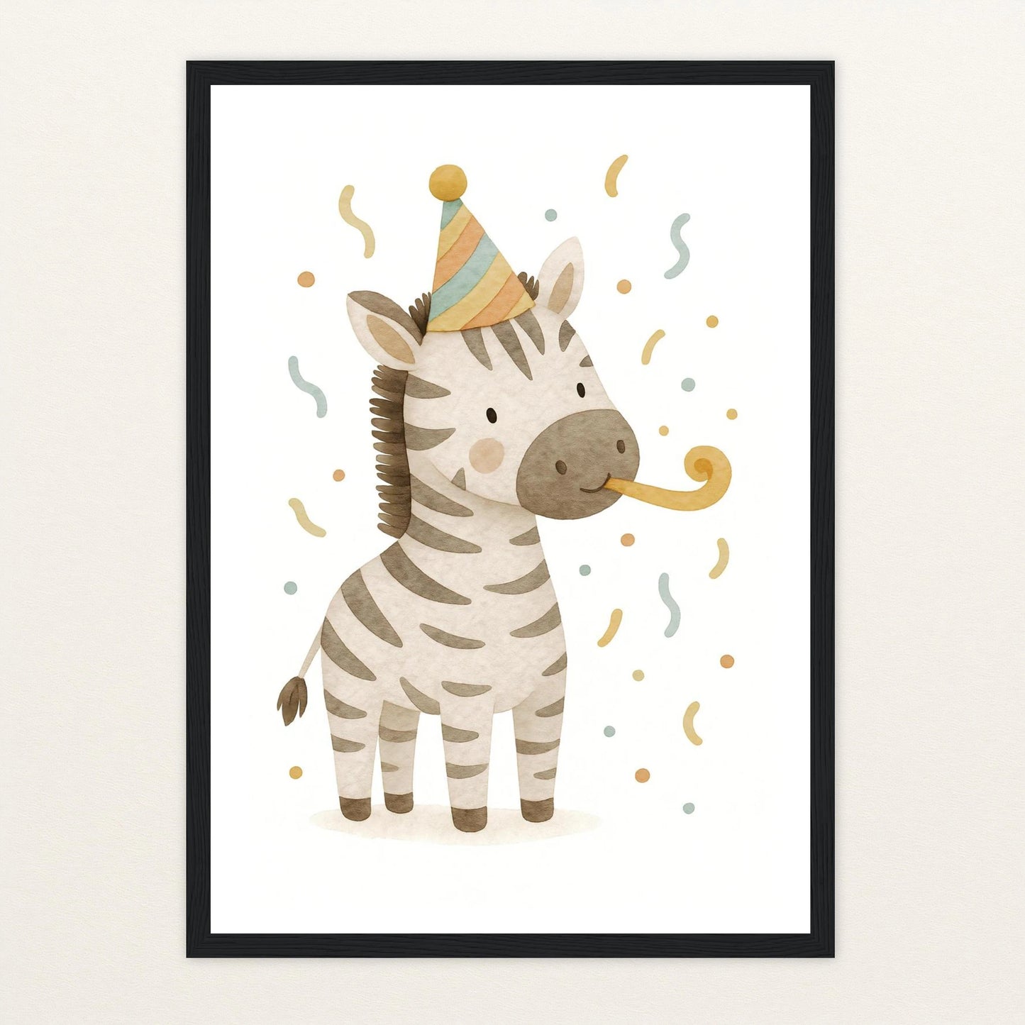 Zinni das Zebra - Motiv: "Party" Poster mit Holzrahmen von tinylearner