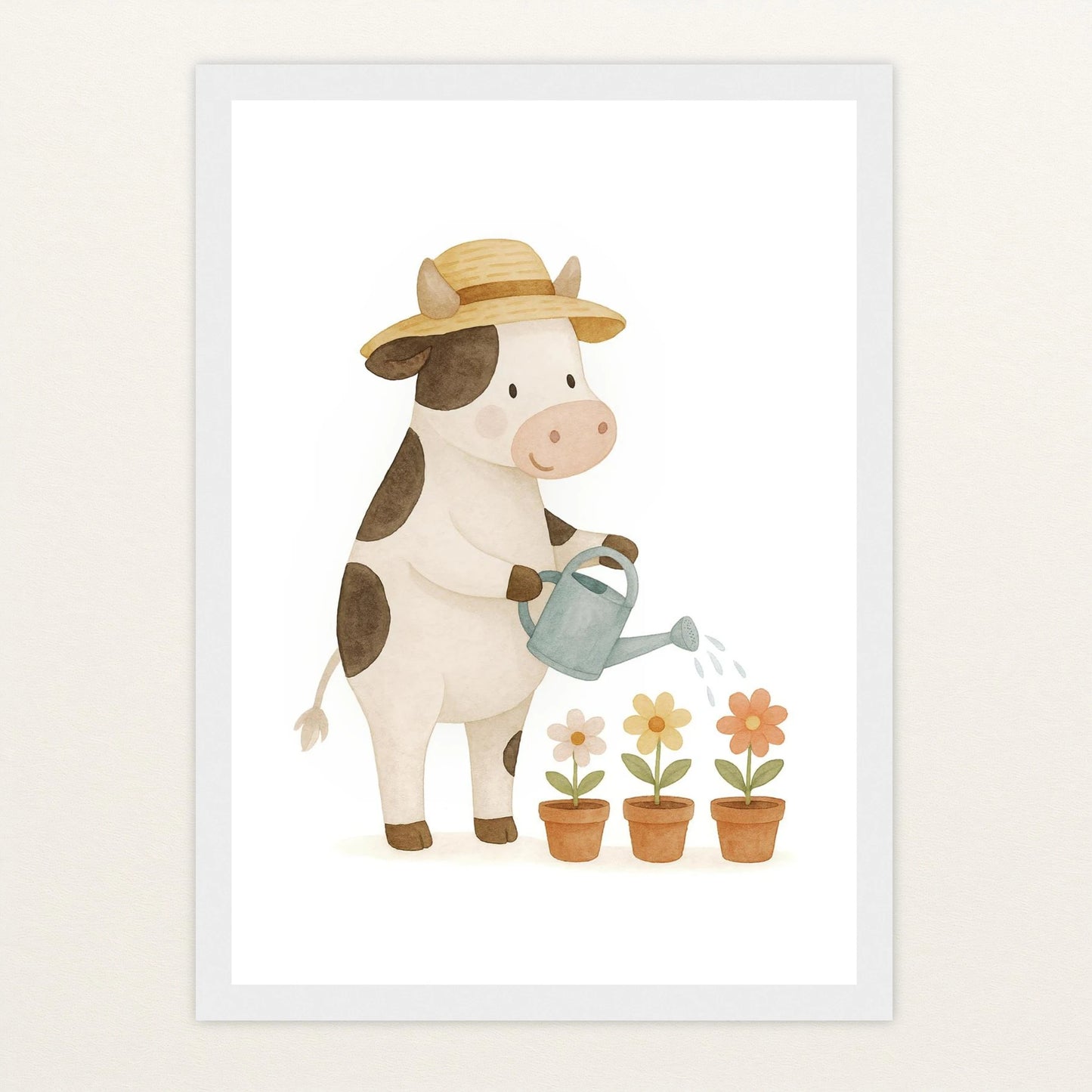 Klara die Kuh - Motiv: "Blumengießen" Poster mit Holzrahmen von tinylearner