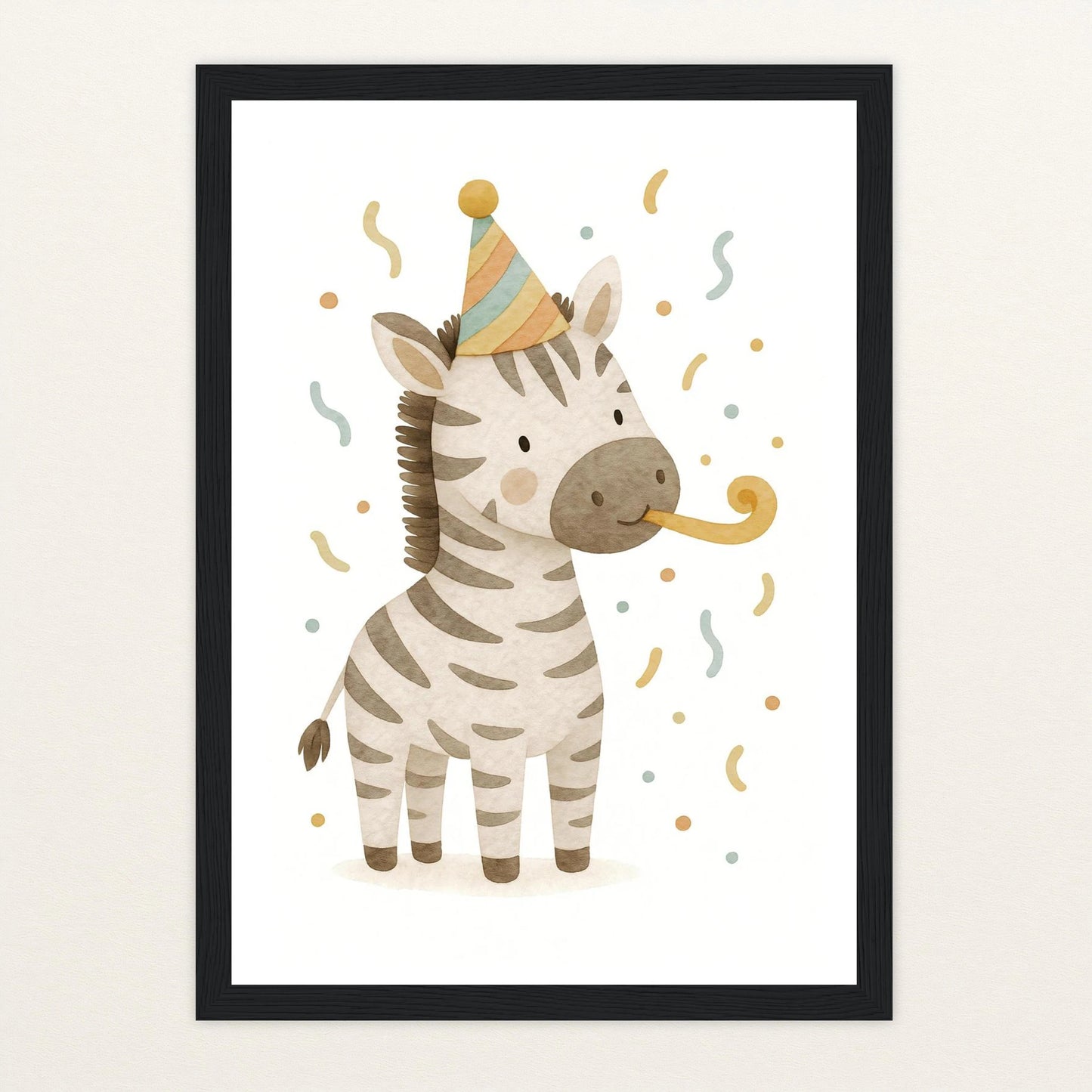 Zinni das Zebra - Motiv: "Party" Poster mit Holzrahmen von tinylearner