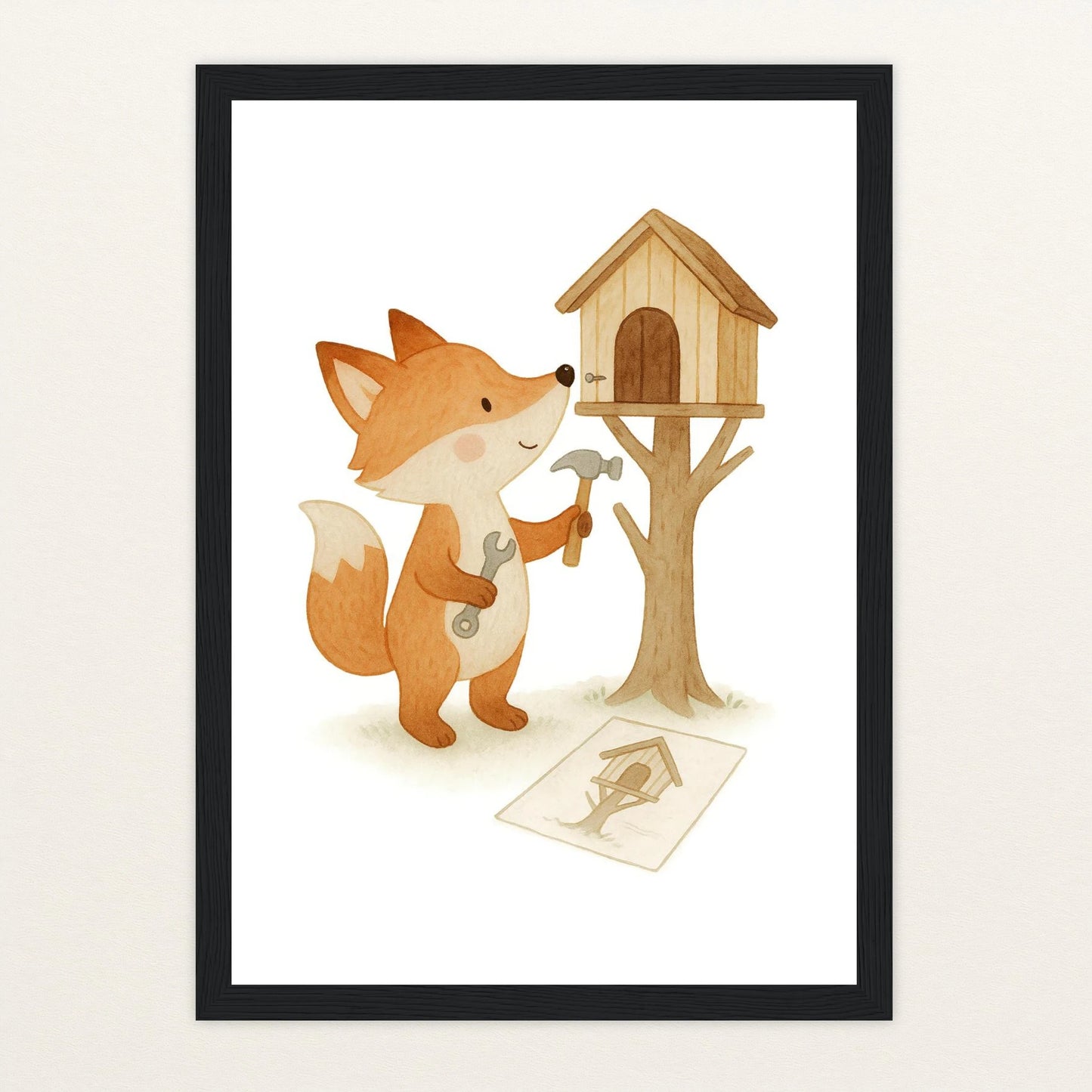 Finnegan der Fuchs - Motiv: "Baumhaus" Poster mit Holzrahmen von tinylearner
