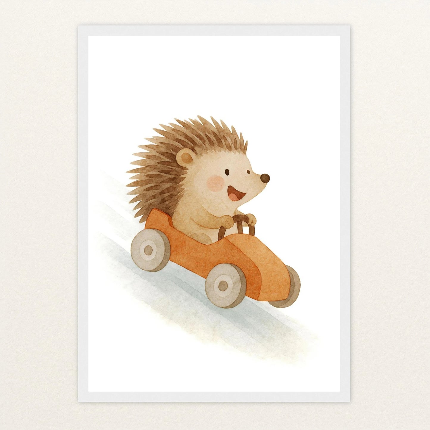 Iggi der Igel - Motiv: "Rennwagen" Poster mit Holzrahmen von tinylearner