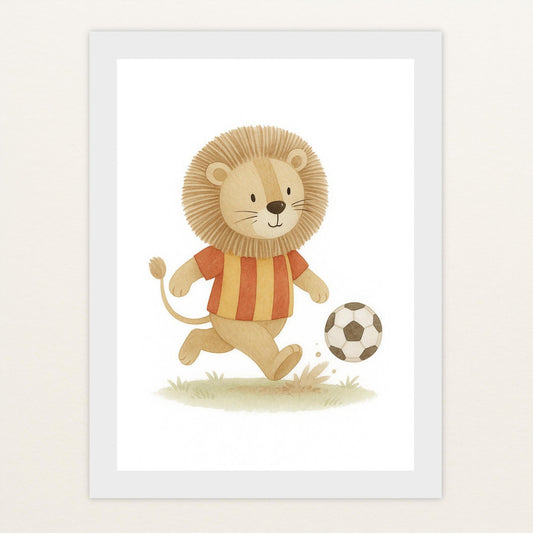 Leo der Löwe - Motiv: "Fußball" Poster mit Holzrahmen von tinylearner