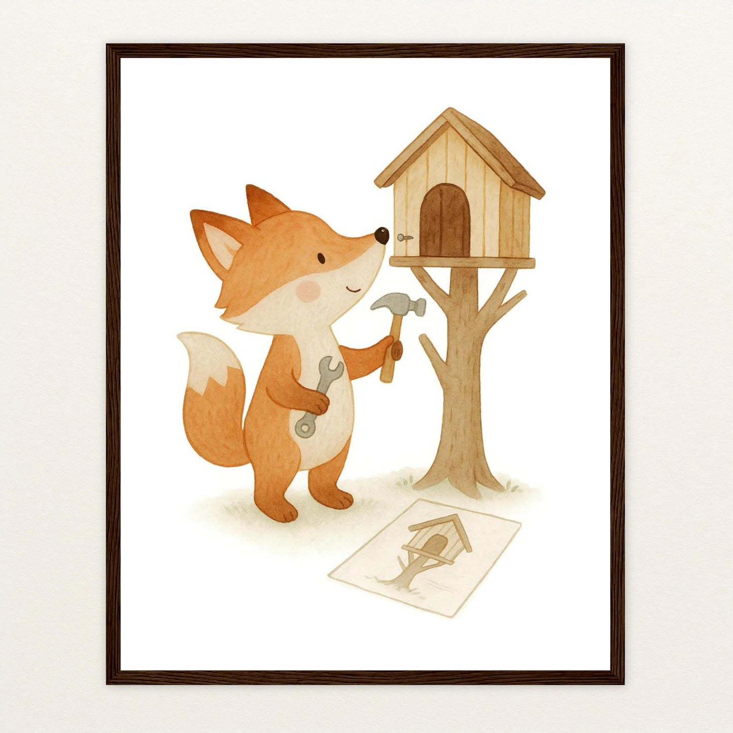 Finnegan der Fuchs - Motiv: "Baumhaus" Poster mit Holzrahmen von tinylearner