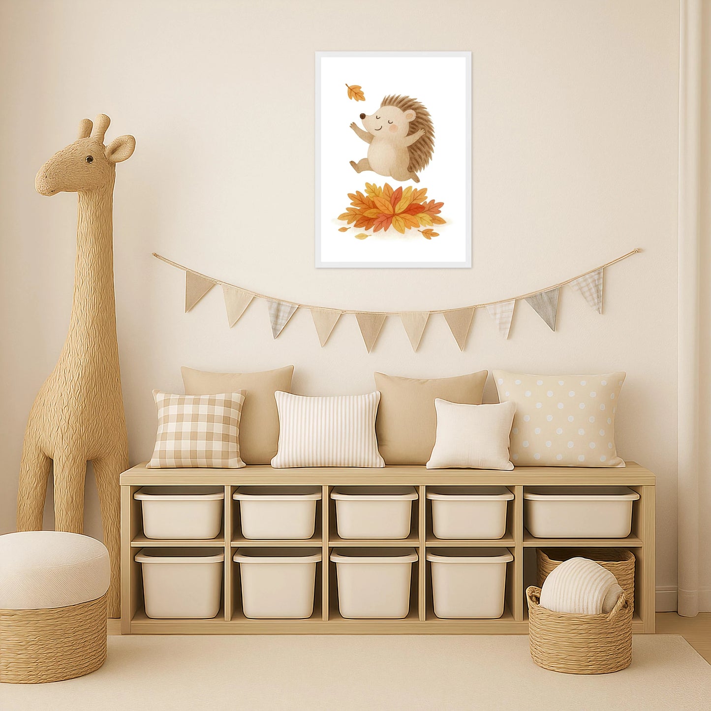 Iggi der Igel - Motiv: "Laub" Poster mit Holzrahmen von tinylearner