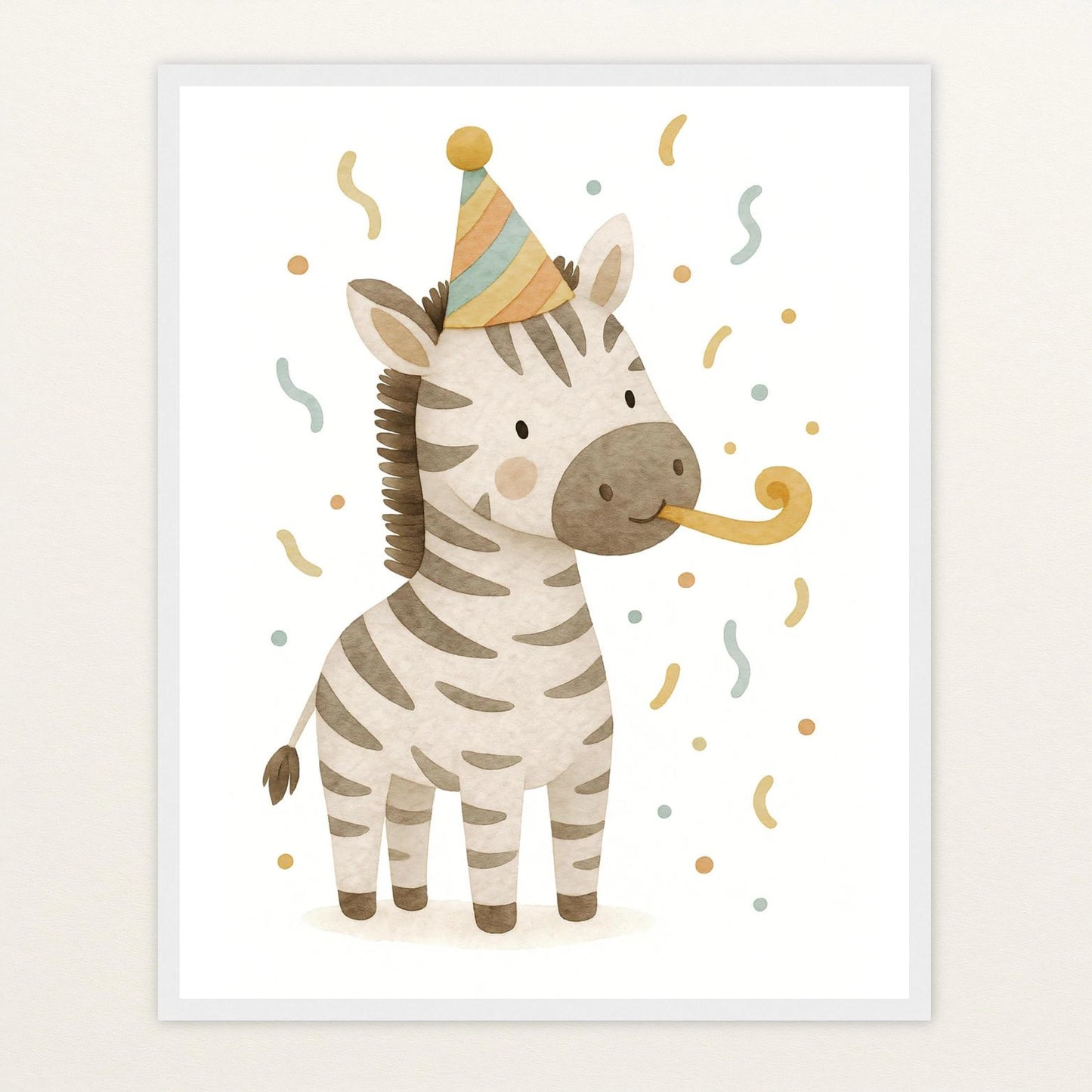 Zinni das Zebra - Motiv: "Party" Poster mit Holzrahmen von tinylearner
