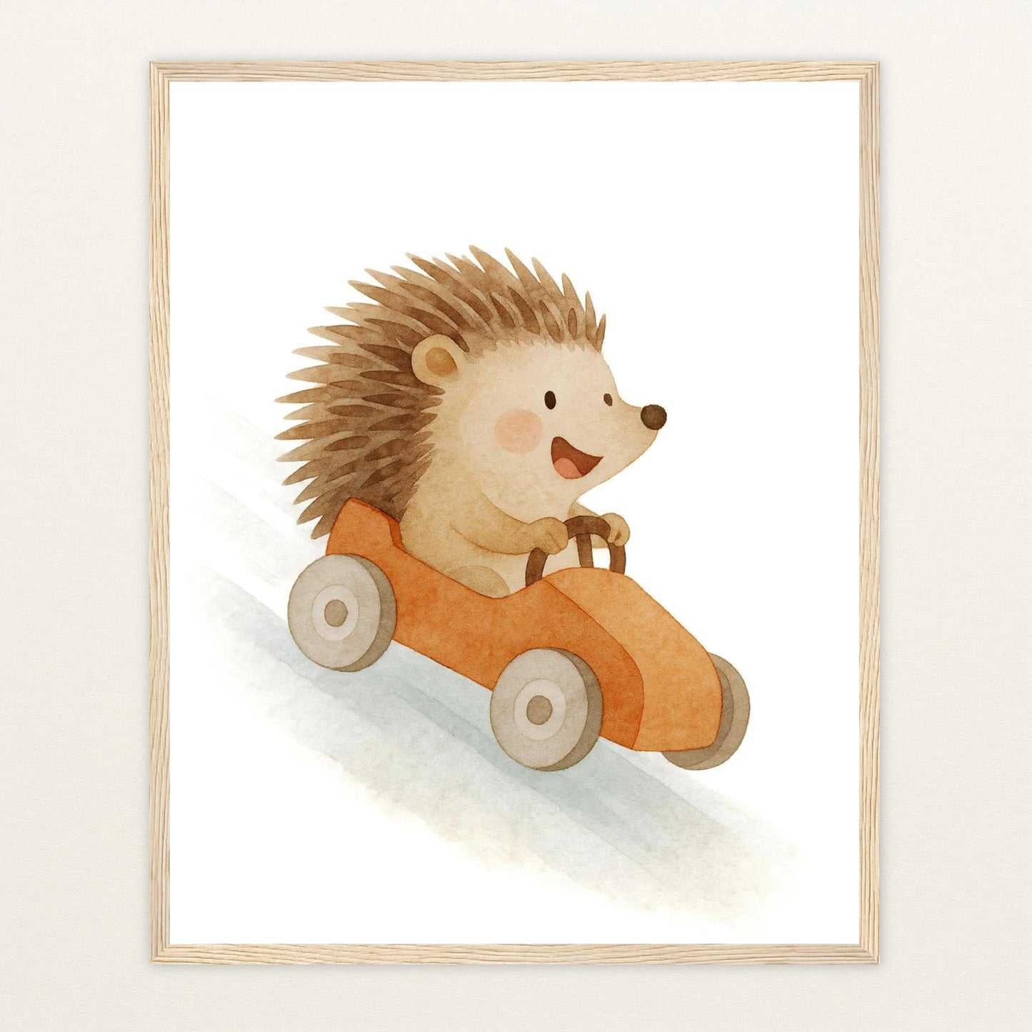 Iggi der Igel - Motiv: "Rennwagen" Poster mit Holzrahmen von tinylearner