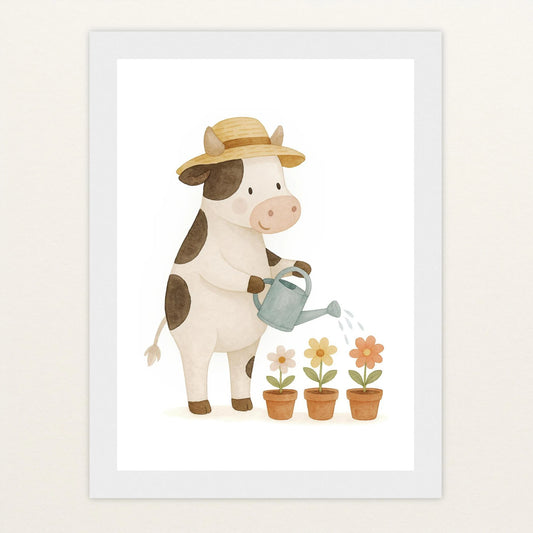 Klara die Kuh - Motiv: "Blumengießen" Poster mit Holzrahmen von tinylearner