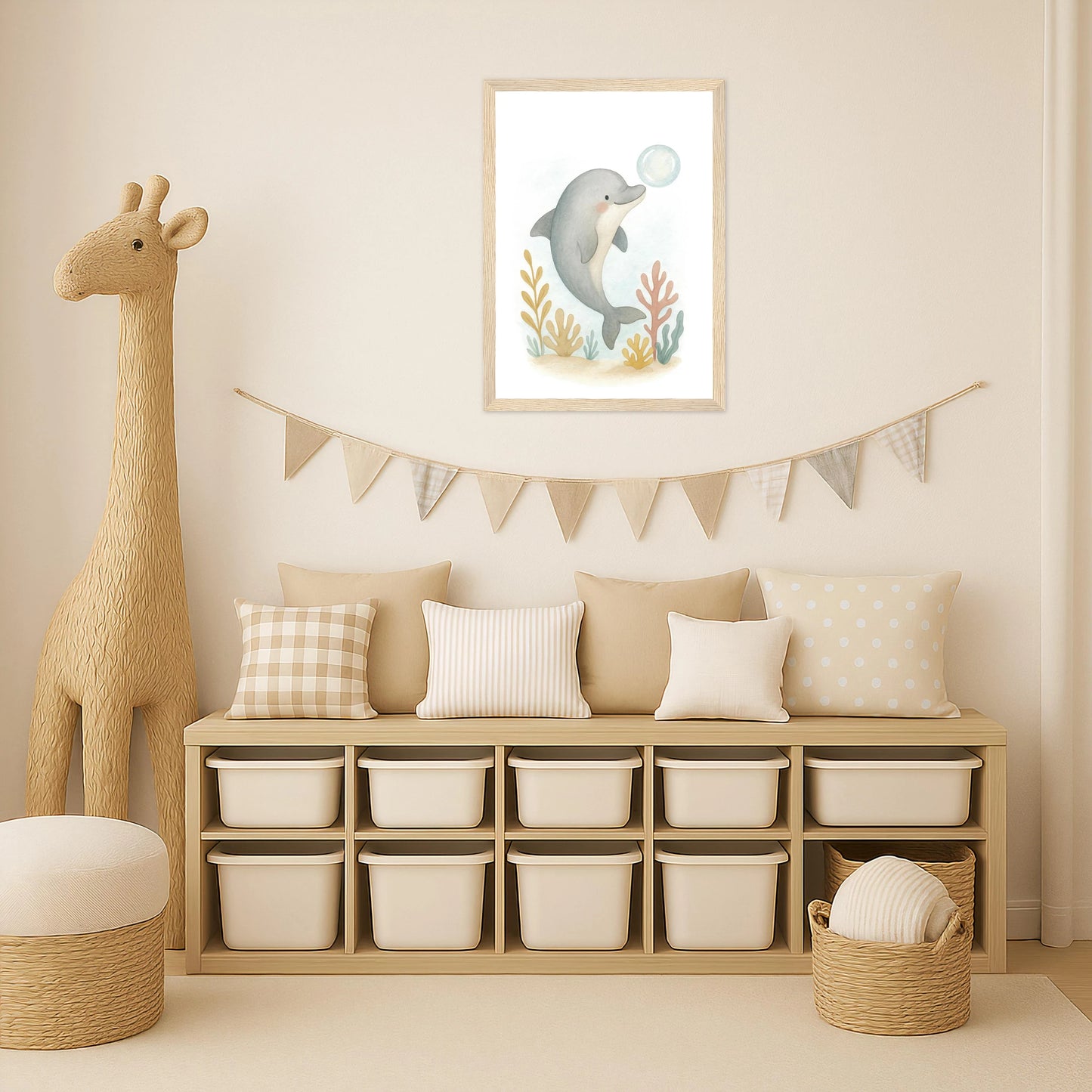 Dora der Delfin - Motiv: "Luftblase" Poster mit Holzrahmen von tinylearner