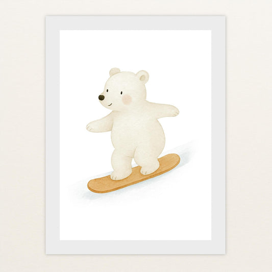 Pummel der Polarbär - Motiv: "Snowboard" Poster mit Holzrahmen von tinylearner