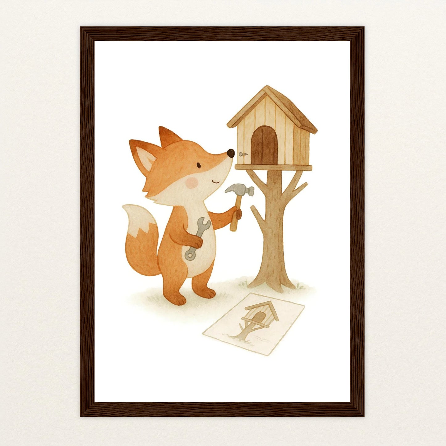 Finnegan der Fuchs - Motiv: "Baumhaus" Poster mit Holzrahmen von tinylearner