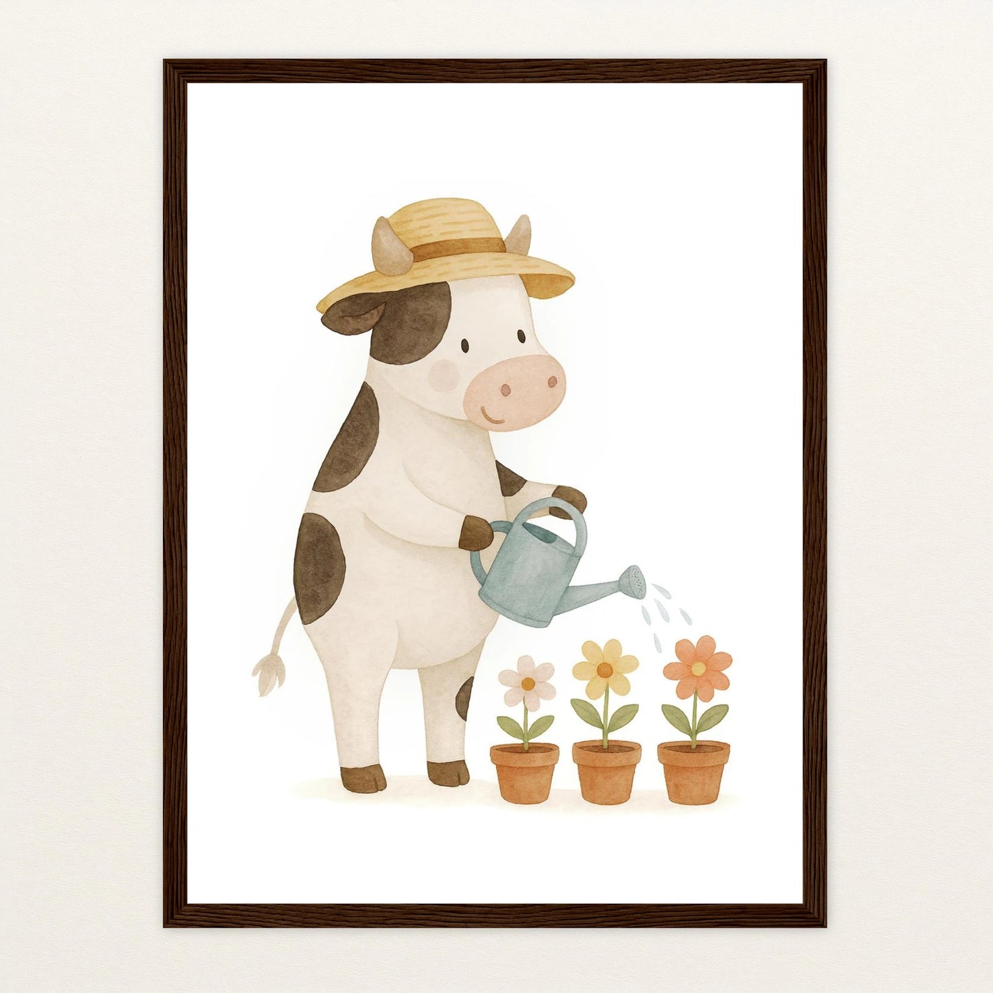 Klara die Kuh - Motiv: "Blumengießen" Poster mit Holzrahmen von tinylearner