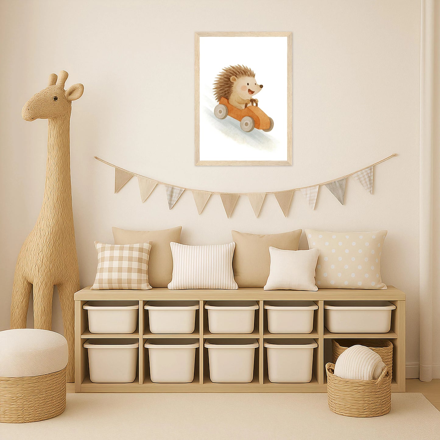 Iggi der Igel - Motiv: "Rennwagen" Poster mit Holzrahmen von tinylearner