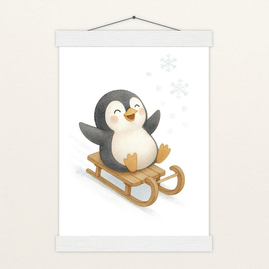 Pia der Pinguin - Motiv: "Schlitten" Poster mit Leisten von tinylearner