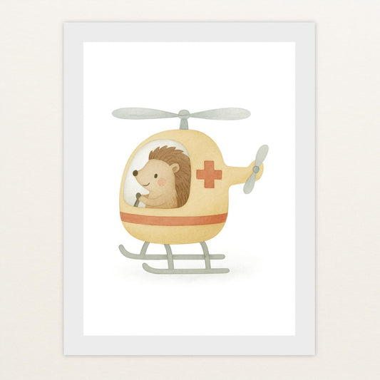 Iggi der Igel - Motiv: "Rettungshubschrauber" Poster mit Holzrahmen von tinylearner