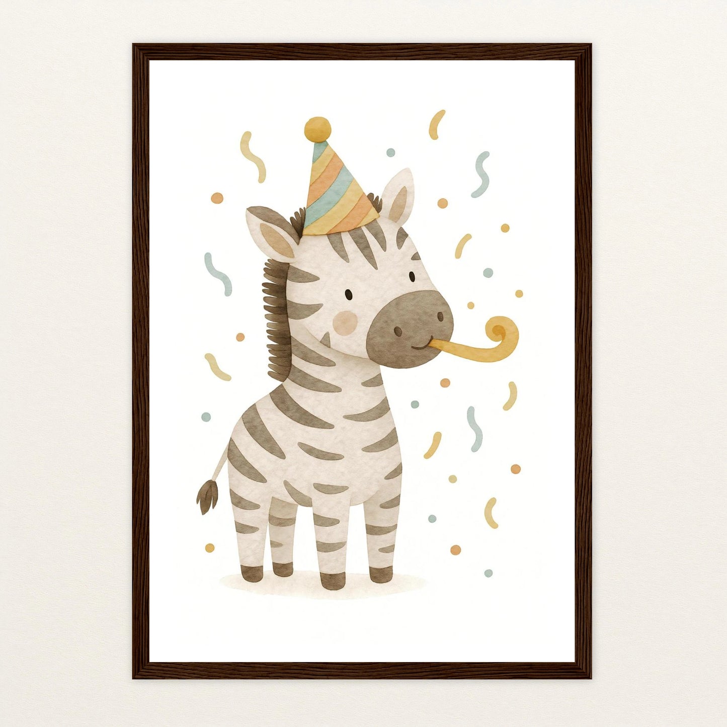 Zinni das Zebra - Motiv: "Party" Poster mit Holzrahmen von tinylearner