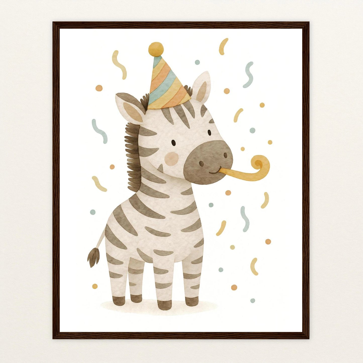 Zinni das Zebra - Motiv: "Party" Poster mit Holzrahmen von tinylearner