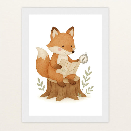 Finnegan der Fuchs - Motiv: "Abenteuerlust" Poster mit Holzrahmen von tinylearner