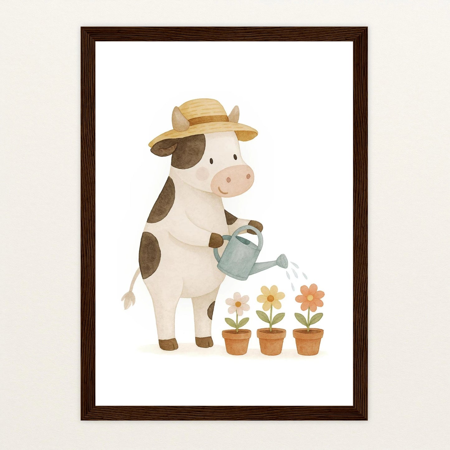 Klara die Kuh - Motiv: "Blumengießen" Poster mit Holzrahmen von tinylearner