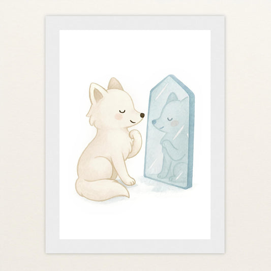 Pino der Polarfuchs - Motiv: "Spiegel" Poster mit Holzrahmen von tinylearner