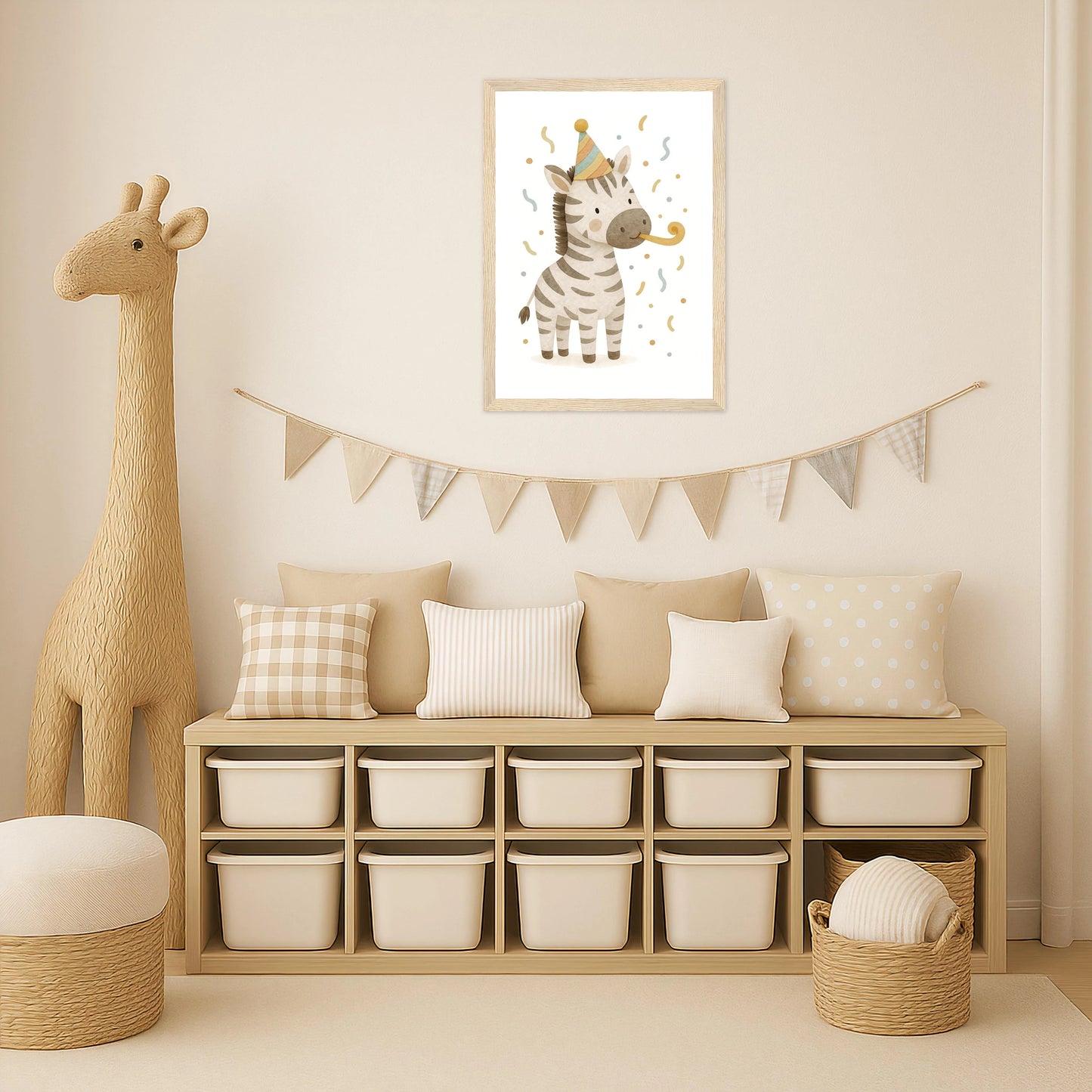 Zinni das Zebra - Motiv: "Party" Poster mit Holzrahmen von tinylearner