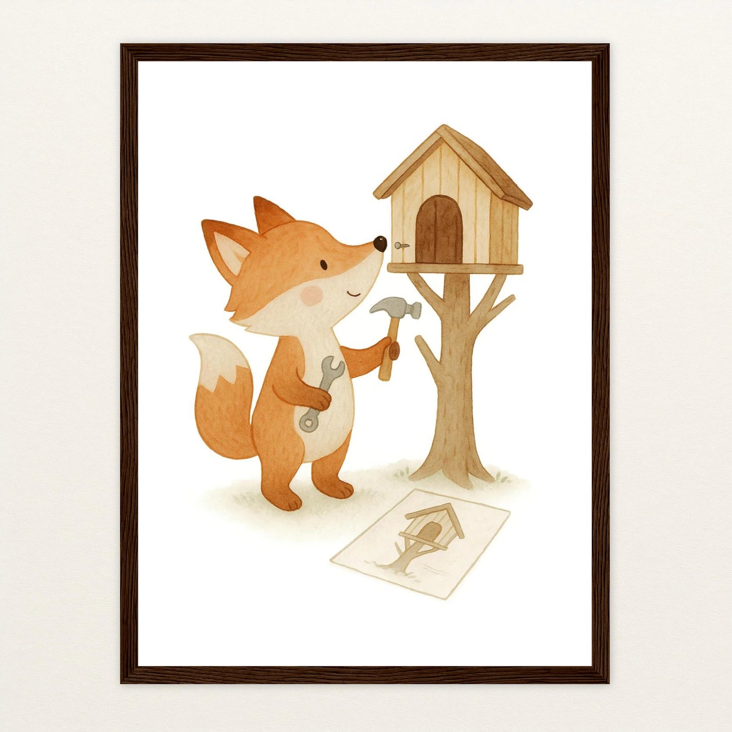 Finnegan der Fuchs - Motiv: "Baumhaus" Poster mit Holzrahmen von tinylearner