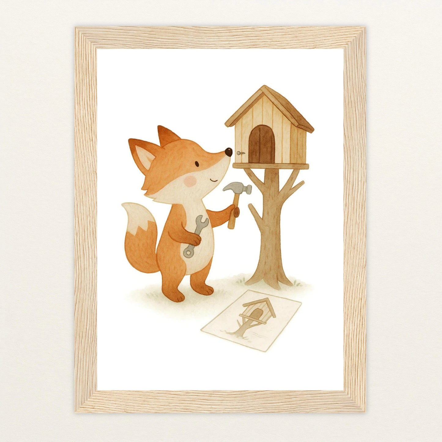 Finnegan der Fuchs - Motiv: "Baumhaus" Poster mit Holzrahmen von tinylearner