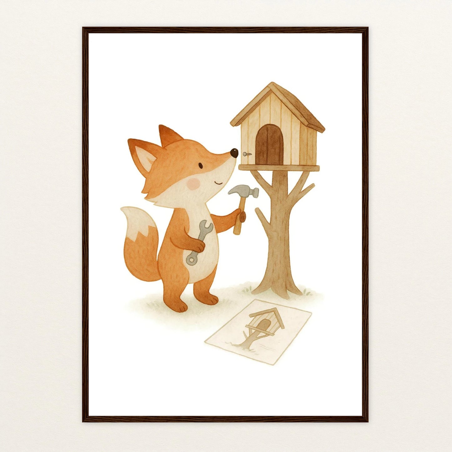 Finnegan der Fuchs - Motiv: "Baumhaus" Poster mit Holzrahmen von tinylearner