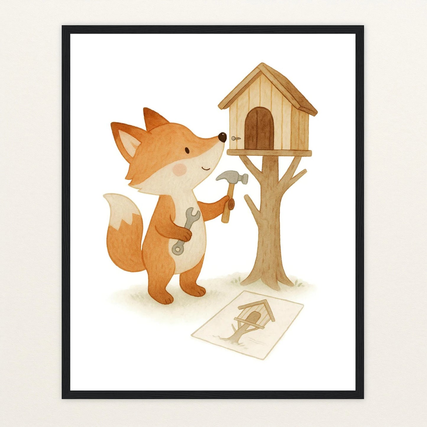 Finnegan der Fuchs - Motiv: "Baumhaus" Poster mit Holzrahmen von tinylearner
