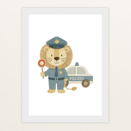 Leo der Löwe - Motiv: "Polizei" Poster mit Holzrahmen von tinylearner