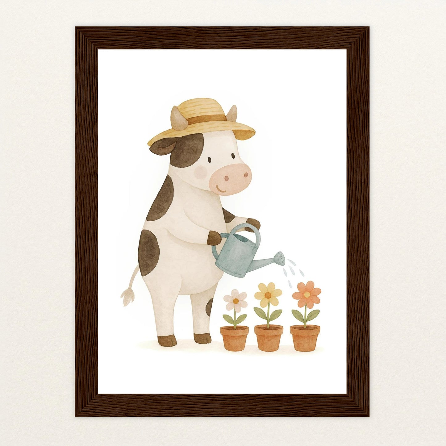 Klara die Kuh - Motiv: "Blumengießen" Poster mit Holzrahmen von tinylearner