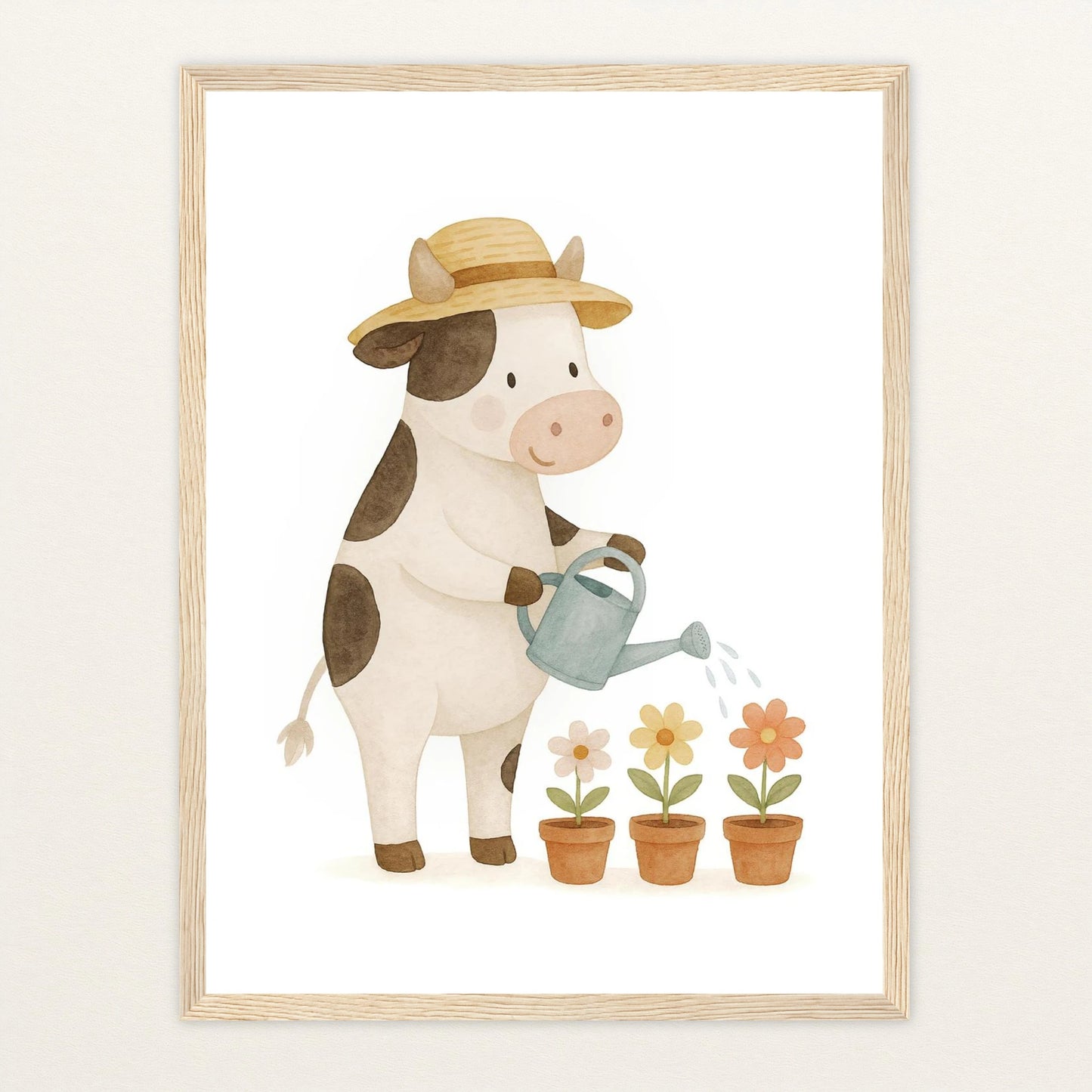 Klara die Kuh - Motiv: "Blumengießen" Poster mit Holzrahmen von tinylearner