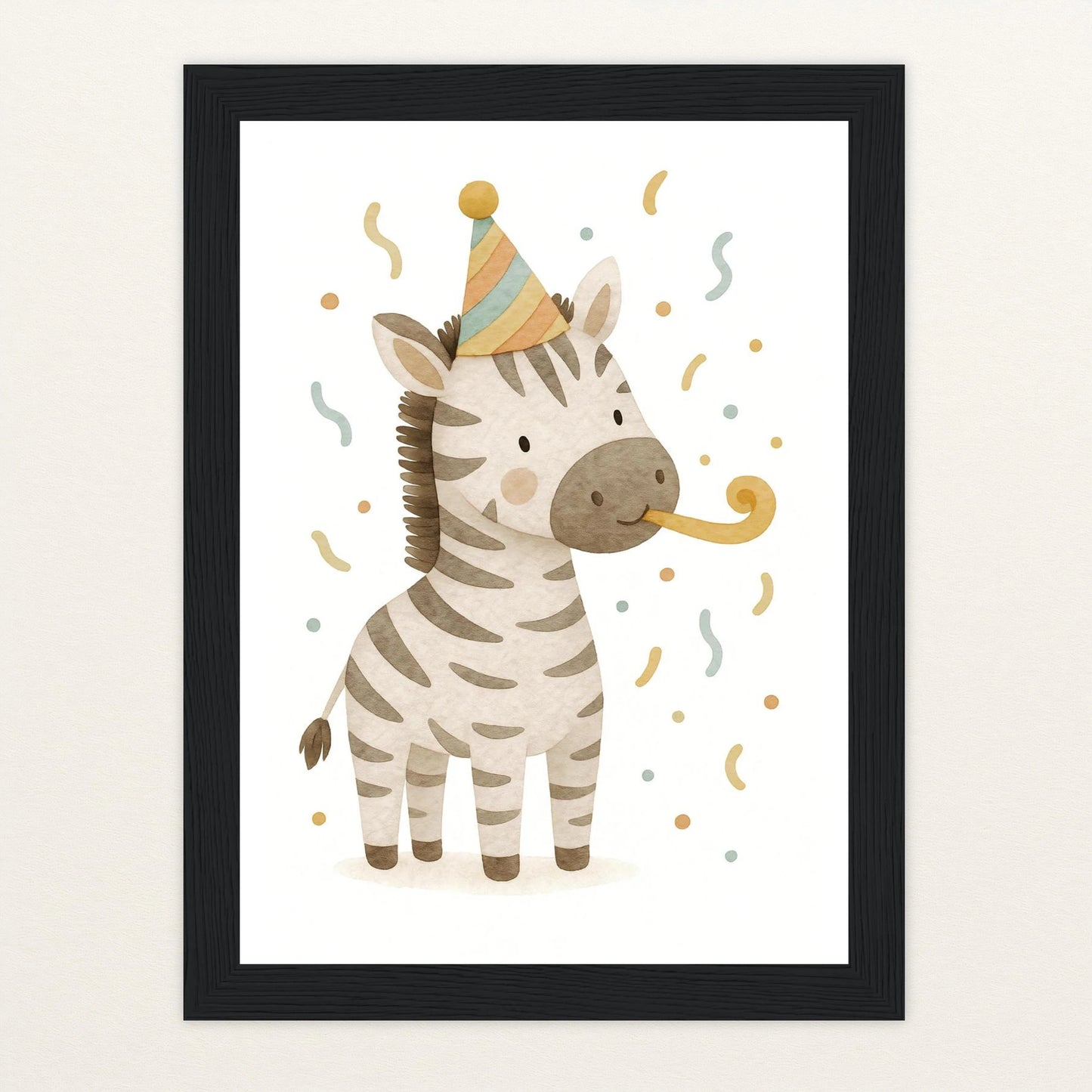 Zinni das Zebra - Motiv: "Party" Poster mit Holzrahmen von tinylearner