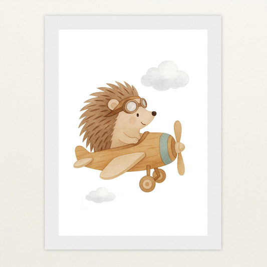 Iggi der Igel - Motiv: "Flugzeug" Poster mit Holzrahmen von tinylearner