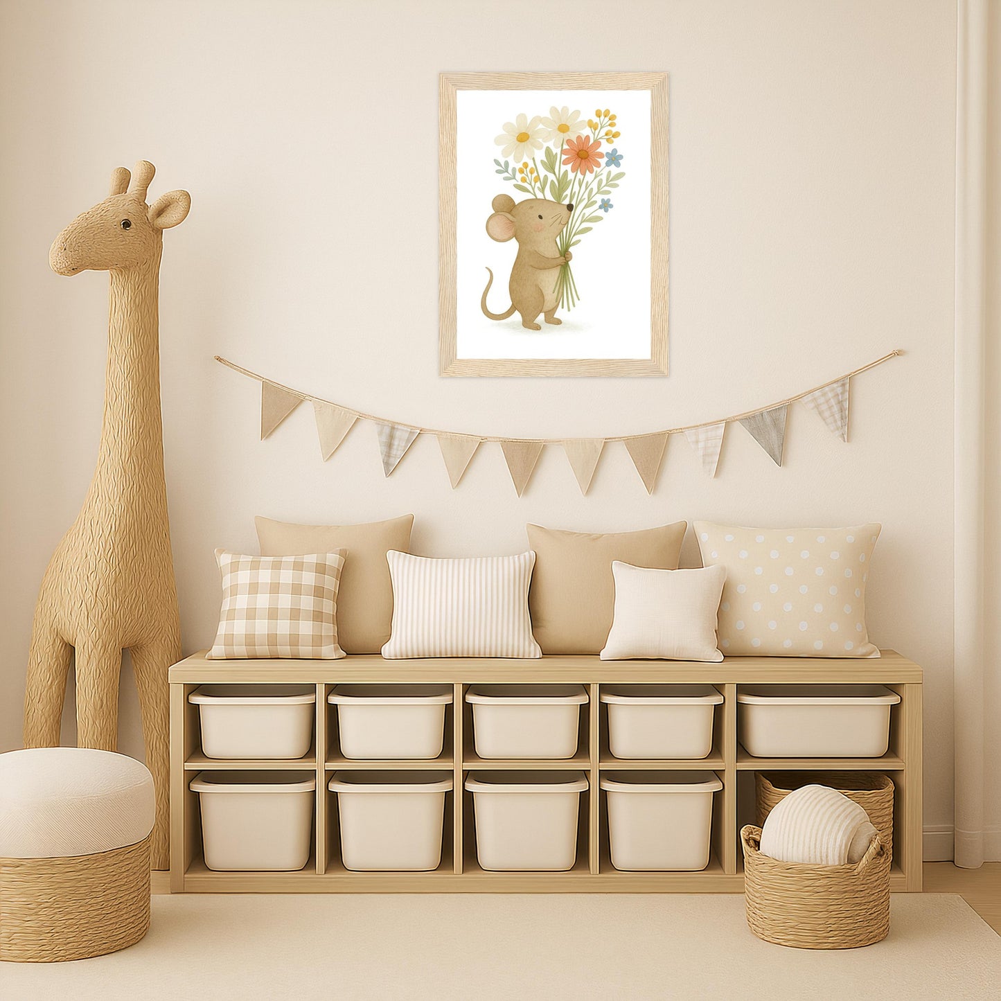 Mimi die Maus - Motiv: "Blumenstrauß" Poster mit Holzrahmen von tinylearner