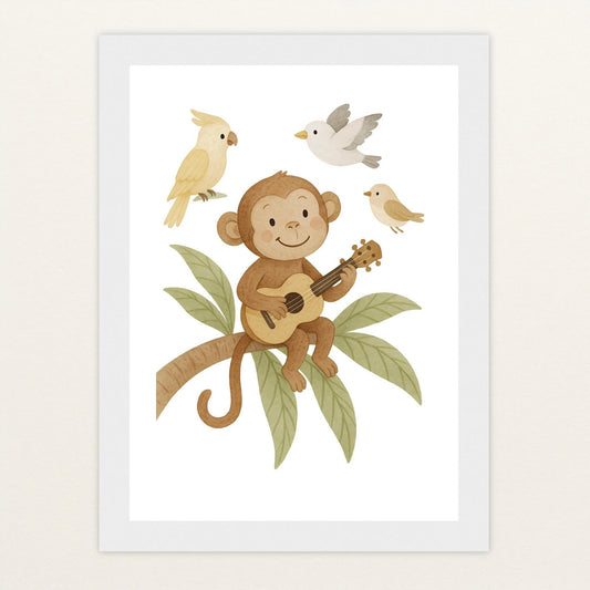 Aki der Affe - Motiv: "Ukulele" Poster mit Holzrahmen von tinylearner