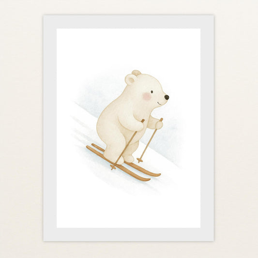 Pummel der Polarbär - Motiv: "Ski" Poster mit Holzrahmen von tinylearner