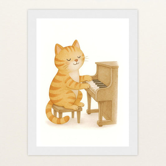 Kira die Katze - Motiv: "Klavier" Poster mit Holzrahmen von tinylearner