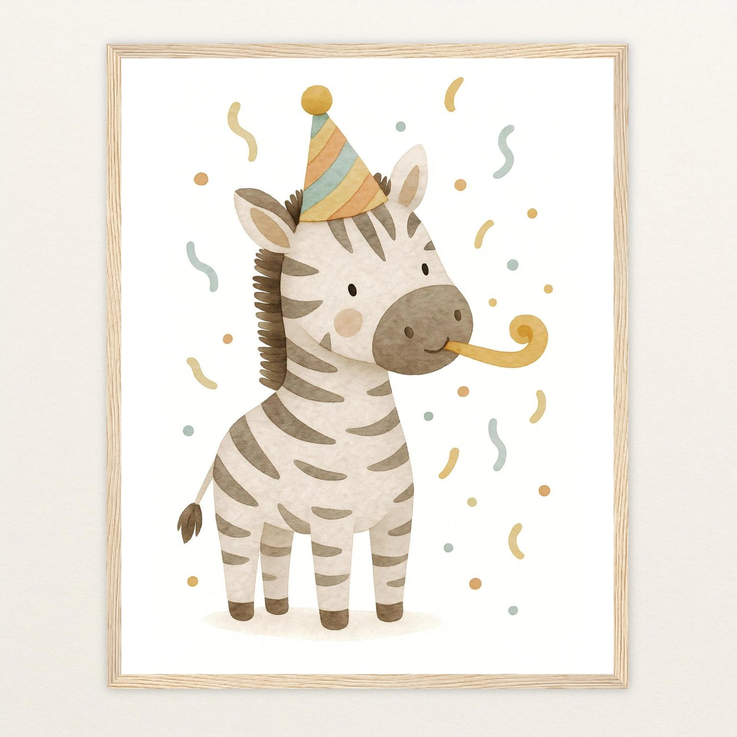 Zinni das Zebra - Motiv: "Party" Poster mit Holzrahmen von tinylearner