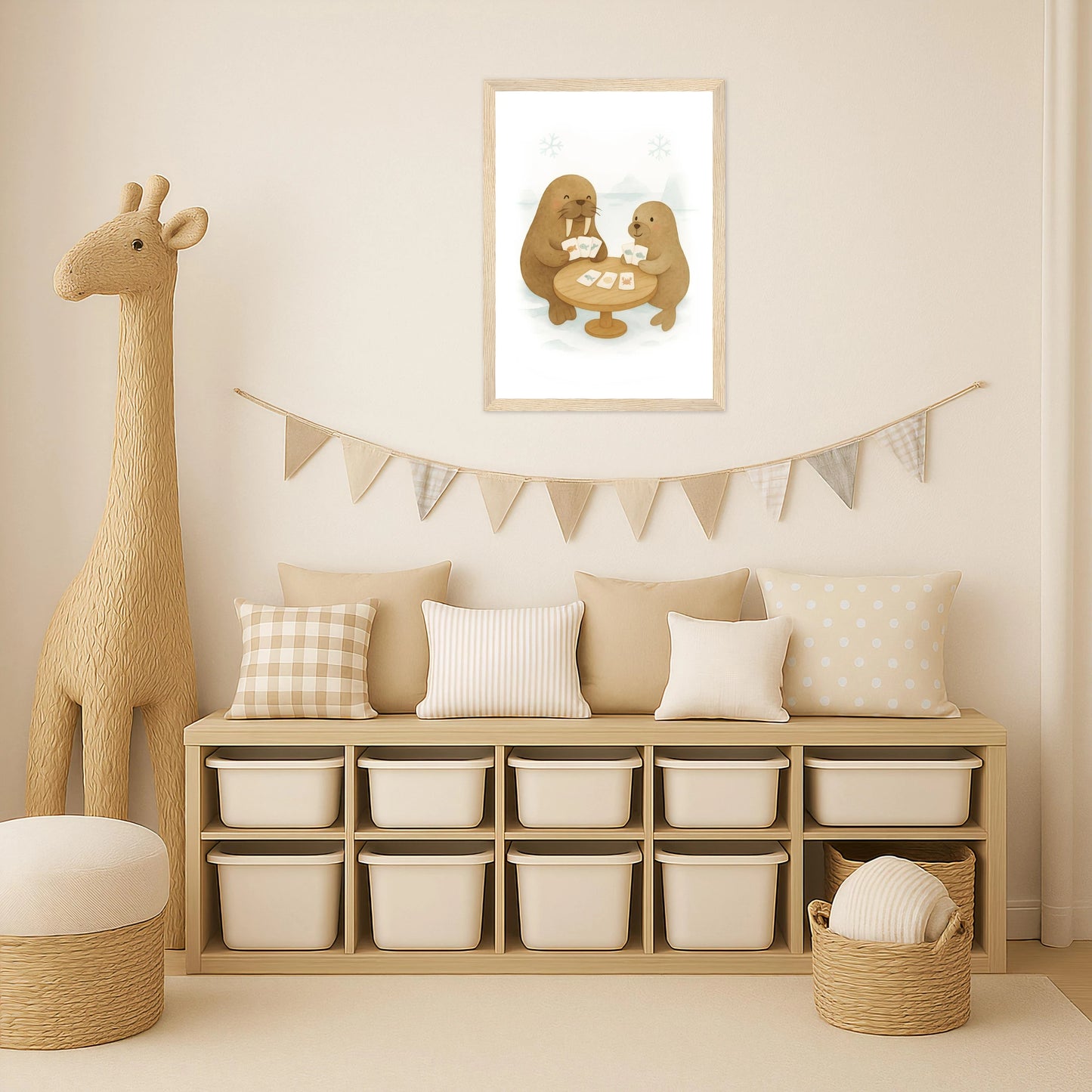 Wally das Walross - Motiv: "Kartenspiel" Poster mit Holzrahmen von tinylearner