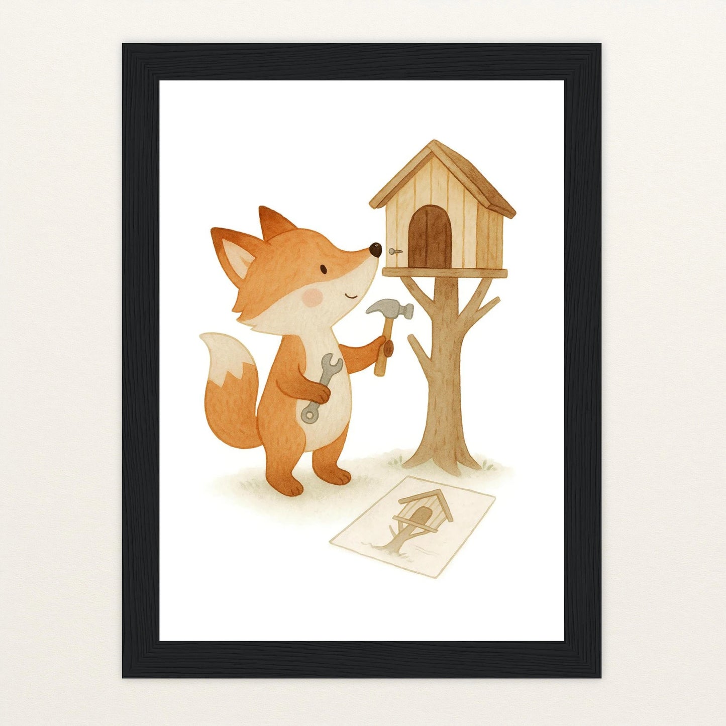 Finnegan der Fuchs - Motiv: "Baumhaus" Poster mit Holzrahmen von tinylearner