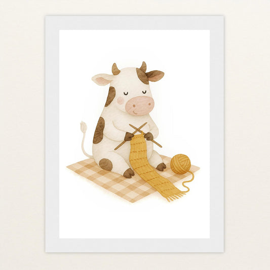 Klara die Kuh - Motiv: "Häkeln" Poster mit Holzrahmen von tinylearner