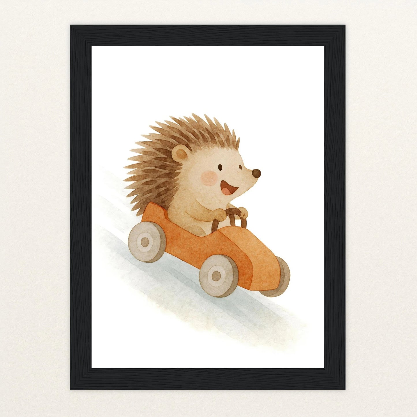 Iggi der Igel - Motiv: "Rennwagen" Poster mit Holzrahmen von tinylearner