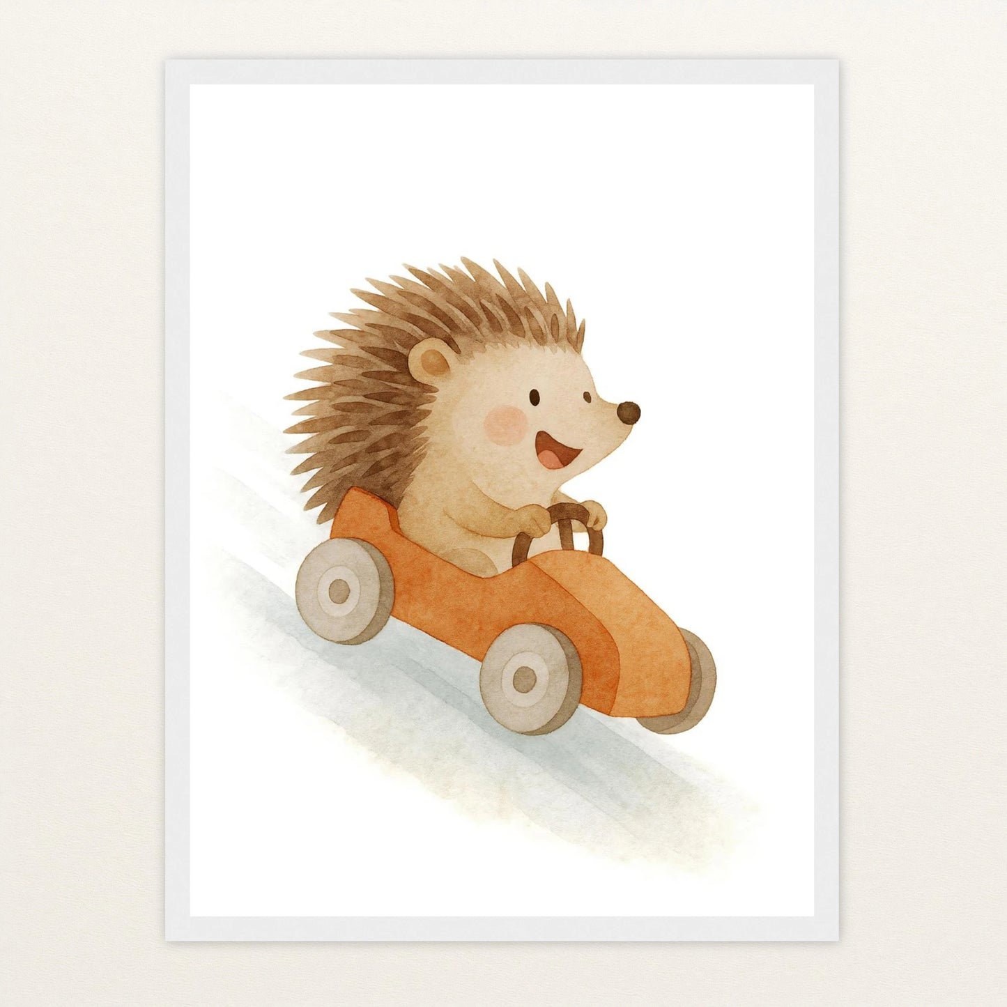 Iggi der Igel - Motiv: "Rennwagen" Poster mit Holzrahmen von tinylearner