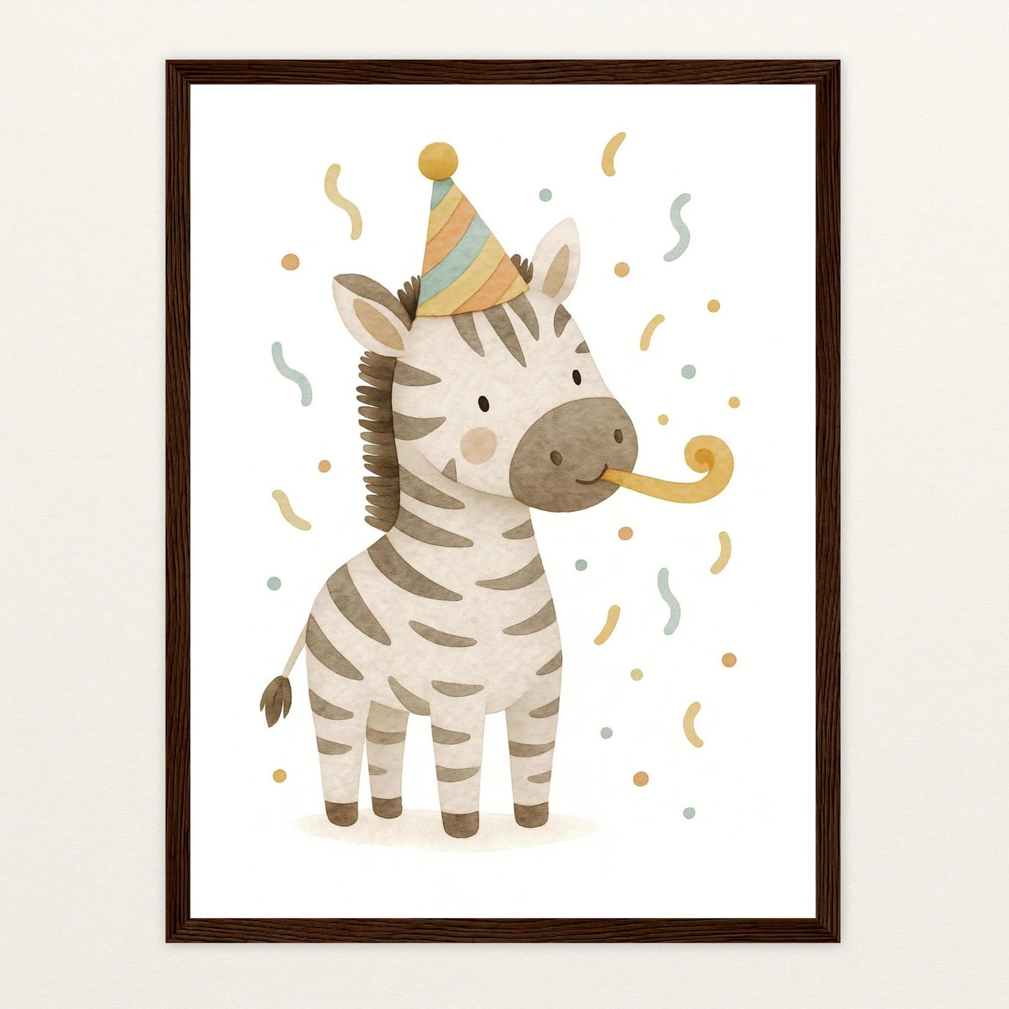 Zinni das Zebra - Motiv: "Party" Poster mit Holzrahmen von tinylearner