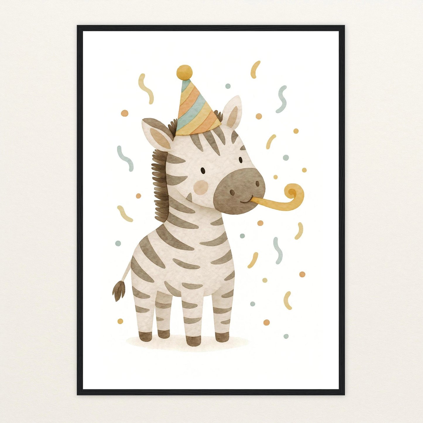 Zinni das Zebra - Motiv: "Party" Poster mit Holzrahmen von tinylearner