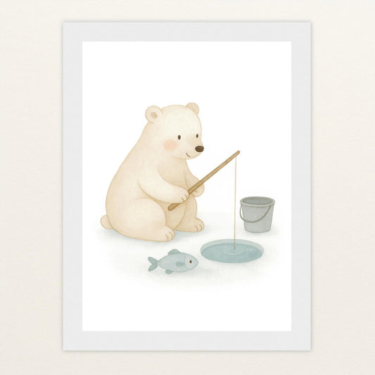 Pummel der Polarbär - Motiv: "Angeln" Poster mit Holzrahmen von tinylearner
