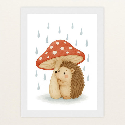 Iggi der Igel - Motiv: "Regen" Poster mit Holzrahmen von tinylearner