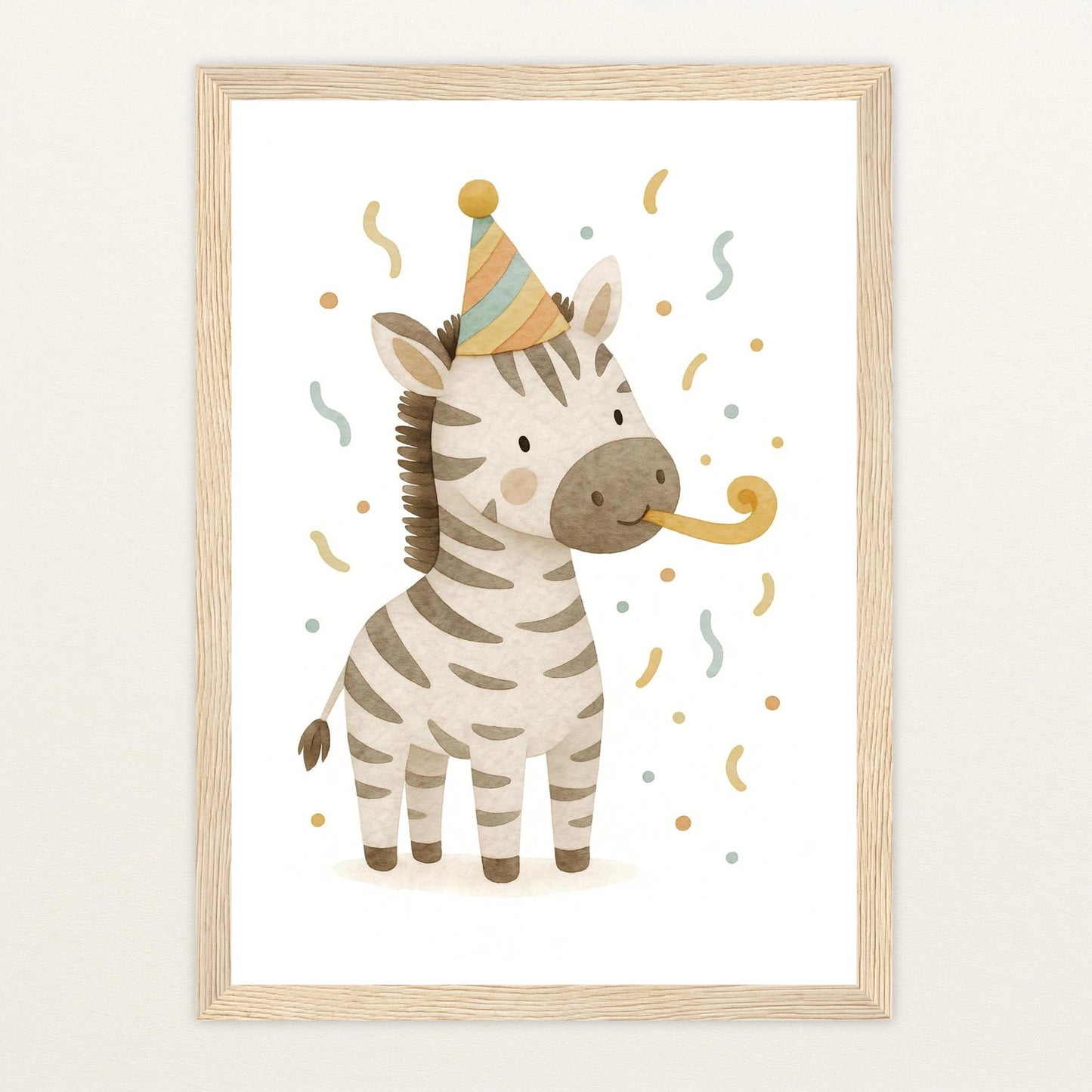 Zinni das Zebra - Motiv: "Party" Poster mit Holzrahmen von tinylearner