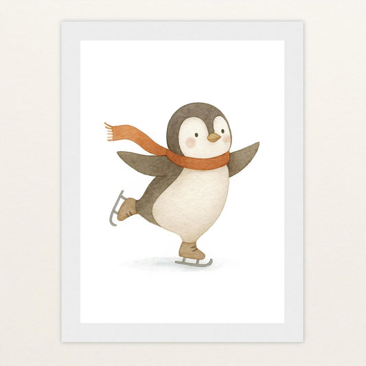 Pia der Pinguin - Motiv: "Eislaufen" Poster mit Holzrahmen von tinylearner